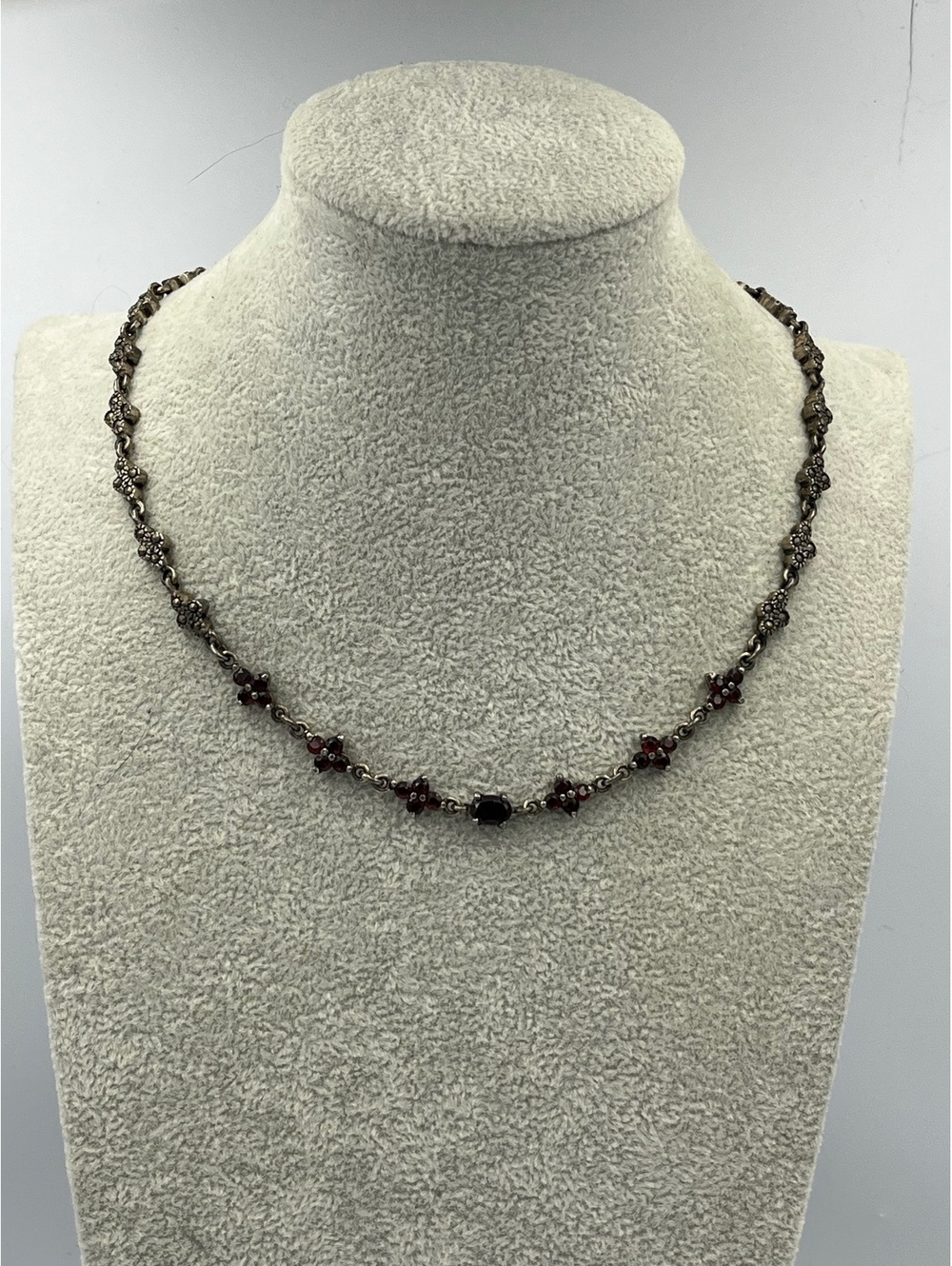 925 Sterling Silver Garnet Marcasite Necklace & Bracelet Set Vintage 37g